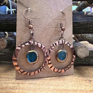 Hammered Copper Earrings with Blue Topaz bead
